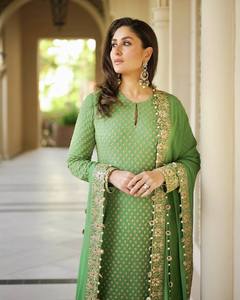<b>Green</b> <b>Net</b> Saree Salwar Set Embroidered Blouse Kurta Pakistani Indian Outfit for Eid Party Wedding - Product Image 2