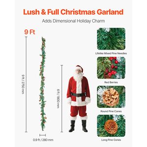 Ghirlanda Artificiale Luminosa da 2,7 m per Interni, Decorazione in PVC Verde con Bacche e Aghi di Pino, Ghirlanda Festiva Finta per Decorazioni - Product Image 2