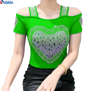 Camiseta de mujer con diamantes y corazón grande, cuello cuadrado, brillante, con pedrería, de doble capa, transpirable, de malla, para chicas. - Product Image 3
