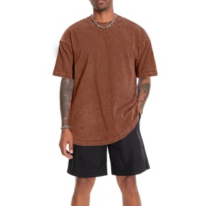 Trending 100% Cotton <b>Men's</b> Oversized Acid Wash <b>T</b> <b>Shirt</b> Short Sleeve O Neck <b>Curved</b> <b>Hem</b> Solid Street Style Tee Brown OEM ODM - Product Image 5