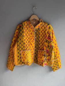 <b>Quilted</b> YELLOW GIFT FOR HER Cotton <b>Jacket</b> Women Floral <b>Pattern</b> Mandarin Collar Full Sleeve Autumn Regular Length Patch Pocket - Product Image 1