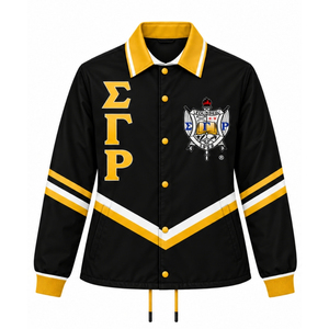 Black Women's Varsity Jackets Gold Greek Letter Snap <b>Button</b> Long Sleeve Striped Collegiate Outerwear Jacket with Gold <b>White</b> Trim - Product Image 1