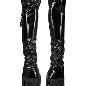 Black PU Opera-Length <b>Gloves</b> With Ruched Design Punk Style Unlined For Party Wear - Product Image 2