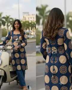 Traditional <b>Red</b> Cotton Kurti With Blue Polka Dot Print For Women Casual Wear Midi Length Regular Fit Fancy Dori Pattern Kurtis - Product Image 3