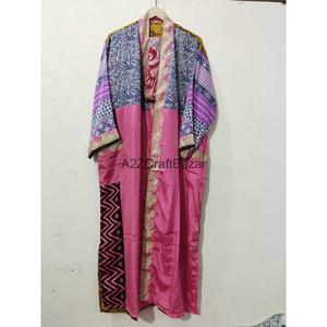 Handmade Silk Patchwork V-neck Drawstring Closure Full Length Soft Breathable Gown Lounge Wear Kimono Party Gown for Women Boho - Product Image 3