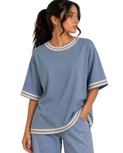 Camiseta Oversize para Mujer con Rayas Azul Polvoriento, Personalizada por el Fabricante, Cuello Redondo, Manga Corta, Ajuste Holgado, Suave y Transpirable para Verano - Product Image 1