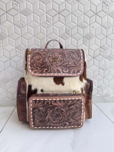New Hand <b>Tooled</b> Leather Cowhide <b>Backpack</b> With Floral Carving Unisex Bohemian Style Multiple Pockets Zipper Closure Daily Use Bag - Product Image 4