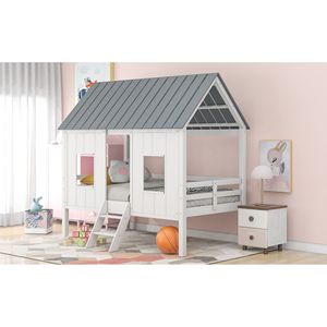 Letto a soppalco bianco singolo con tetto e due finestre frontali per bambini - Product Image 3