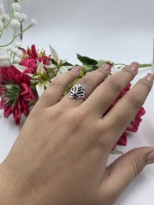 Natural <b>Black</b> <b>Onyx</b> Lotus Leaf Handmade Floral Gemstone <b>Ring</b> 925 Silver Plated Brass Unisex Vintage Statement Jewelry - Product Image 2