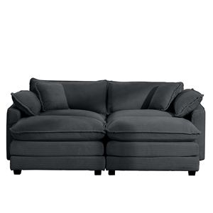 Divano a Due Posti in Velluto a Coste Grigio con Pouf, Adatto per Piccoli Spazi, 2 Poggiapiedi per Soggiorno - Product Image 6