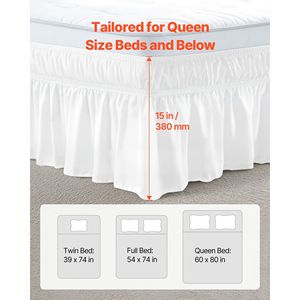 15 Drop Queen Size White Dust Ruffle Bed <b>Skirt</b> with Easy Fit <b>Elastic</b> Strap Three Sides Adjustable Wrap <b>Skirt</b> - Product Image 4