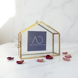 ARTISAN DESIGN Brass Metal Hanging Wall Shelf Picture Frame Decorative House Shaped Glass Display <b>Case</b> <b>Vanity</b> Makeup Jewelry - Product Image 4
