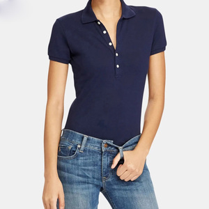 Polo de Manga Corta Azul Marino para Mujer, Corte Ajustado, Informal, Tejido de Punto, 100% Algodón, Color Sólido, Largo Regular - Product Image 1
