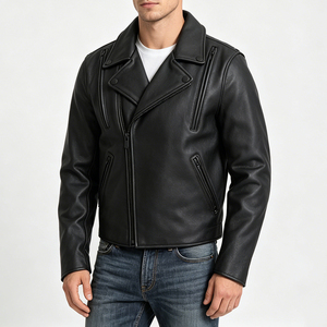 Chaqueta de Motociclista de Cuero Genuino para Hombre, Cierre de Cremallera, Cuello Camisero, Color Sólido, para Otoño - Product Image 1