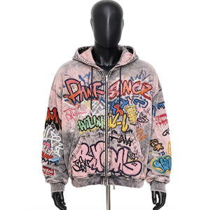 Embroidered Acid-Wash Zip-Up <b>Men's</b> Hoodie Custom Design High Street 100% Cotton Fleece Eco-Friendly Oversized Hoodies - Product Image 1