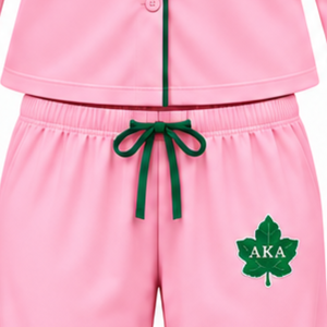 Women's <b>Pink</b> Pajama Set with Green Piping and Embroidered AKA Leaf Logo <b>Long</b> <b>Sleeve</b> Button Front <b>Top</b> Matching Drawstring Pants - Product Image 4