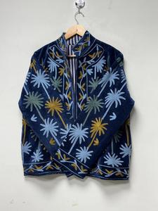 Elegant Blue <b>Velvet</b> Suzani Embroidered <b>Jacket</b> with Floral Pattern Full Sleeve Stand Collar Bohemian Women's Winter Outerwear - Product Image 2