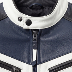 Vestes de moto personnalisées en cuir véritable respirant et coupe-vent unisexe avec rayures blanches, col montant et fermeture éclair - Product Image 4