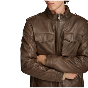 Men's Premium Sheepskin <b>Leather</b> <b>Long</b> Four-Pocket Safari Field <b>Jacket</b> Zipper Stand Collar Autumn Season XS Size Waterproof - Product Image 5