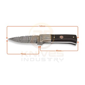 Cuchillo de Caza de Hoja Fija de Acero de Damasco, Punta Caída, Borde Recto, Mango de Madera, Funda de Cuero, Cuchillo para Acampar al Aire Libre - Product Image 5