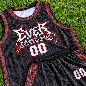 Uniforme de Baloncesto Personalizado al por Mayor con Etiqueta Personalizada, Jersey y Pantalones Cortos de Baloncesto con Patrón Tribal Negro y Rojo, Ropa de Equipo - Product Image 2