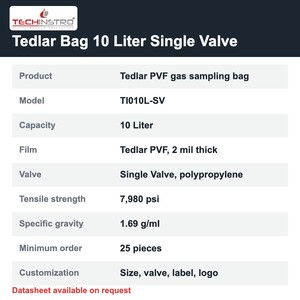 Bolsa de muestreo de gases TECHINSTRO Tedlar de 10 litros con válvula única de película PVF, a prueba de fugas, para muestreo de gases de combustión y de suelo (VOC) - Product Image 6