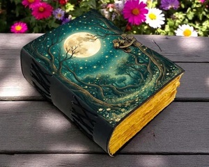400 Pages Handmade Leather <b>Vintage</b> Grimoire Hardcover Journal Celestial Moon Forest Hand Water Color Sketchbook <b>Notebook</b> Thread - Product Image 4