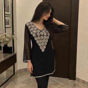 Black Embroidered Muslim <b>Dress</b> Women Long Sleeve V Neck <b>Modest</b> Loose Fit <b>Party</b> <b>Dress</b> - Product Image 1