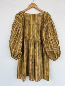 Women's 100% Cotton Beige Border Print <b>Ruffle</b> Neck Long Sleeve A-Line Mini Bohemian Tunic <b>Dress</b> Summer Vacation Beach <b>Dress</b> - Product Image 5