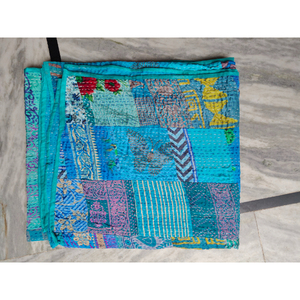 Turquoise Cotton Kantha Quilt Reversible <b>Bedspread</b> Handmade <b>Patchwork</b> Blanket All Season Home Decor Gift for Her - Product Image 1
