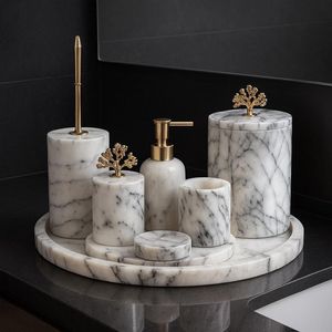 Ensemble d'accessoires de salle de bain en marbre violet fait main, accessoires de décoration en pierre de luxe - Product Image 5