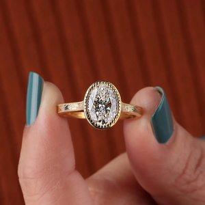 3 Carat Oval Lab Diamond Engagement <b>Ring</b> _ Yellow <b>Gold</b> Milgrain Bezel <b>Set</b> - Product Image 1