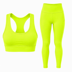 Women's Neon Green Simple <b>Racerback</b> Sports <b>Bra</b> & High Waist Leggings Set with Front Logo Seamless Quick Dry Yoga Activewear - Product Image 3