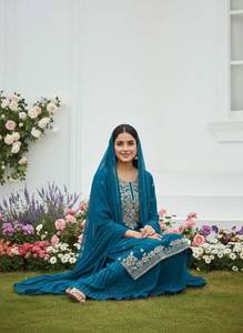 Traje Salwar de Seda para Mujer, Estilo Indio-Pakistaní, Sharara Gharara, Color Cielo, para Fiestas, Bodas, Uso Casual, Estilo Tradicional, para Todas las Temporadas - Product Image 2