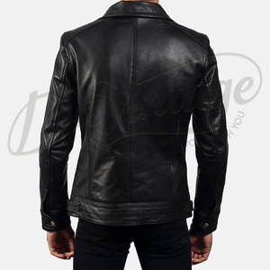 Blouson de motard en cuir noir pour homme, coupe ajustée, en véritable peau de mouton, automne-hiver, décontracté, col réglable, vêtement d'extérieur - Product Image 4