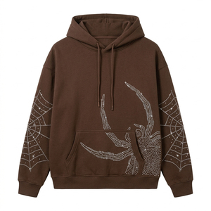 Sweat à capuche classique gothique marron avec strass, cordon de serrage, poche avant, en mélange de coton doux pour hommes - Product Image 1
