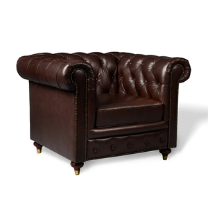 Fauteuil Chesterfield vintage de luxe en cuir marron, avec accoudoirs roulés et capitonnage, pour salon ou bureau - Product Image 4