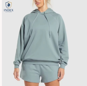 INDEX APPAREL Conjunto de Sudadera con Capucha y Pantalones Cortos de 2 Piezas para Mujer, Color Sólido, Manga Larga, Corte Regular, Informal, Transpirable, Invierno, 100% - Product Image 1