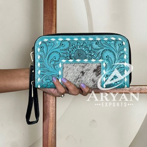2026 Stylish Hand Tooled Genuine Cowhide Fur Leather Women <b>Zip</b> Clutch Purse Card Holder Travel Multi Uese Western <b>Wallet</b> - Product Image 1