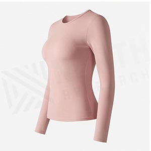 Haut de yoga rose uni à col rond et manches longues, respirant, en spandex et polyester, sans couture, vêtements de sport pour femmes - Product Image 3
