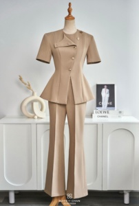 Women's Beige 2 Piece Suit <b>Set</b> Short Sleeve <b>Blazer</b> Flare Pants Elegant Office Wear Solid Color Crew Neck Button PANSY - Product Image 6