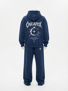 Custom <b>Navy</b> <b>Blue</b> Washed Distressed Hoodie Sweatpants Set Oversized Fleece Tracksuit Streetwear Two Piece <b>Jogger</b> Set - Product Image 3