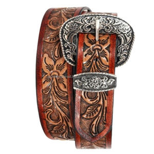 Handcrafted Unisex Floral Tooled Western Genuine <b>Leather</b> <b>Belt</b> Custom Vintage Tan Cow Hide with Antique Brass Steel Buckle Set - Product Image 1