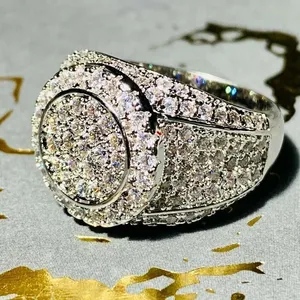 Moissanite Iced Out <b>Ring</b> 925 Sterling <b>Silver</b> Hip Hop <b>Ring</b> Round Cluster Diamond Look Luxury <b>Statement</b> Jewelry Gold Plated <b>Ring</b> - Product Image 3