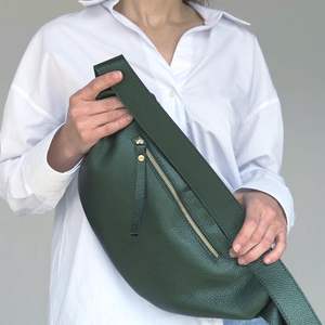 Soft Leather Green Fanny Pack Women's Sling <b>Bag</b> Crossbody Elegant Leather Chest <b>Bag</b> with Adjustable Belt Strap - Product Image 6