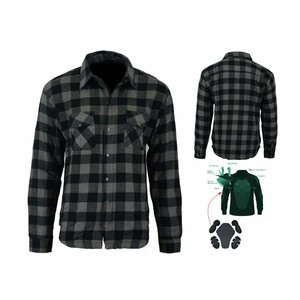 Chemise en flanelle pour motards, personnalisée, à carreaux noirs et gris, renforcée, avec poches en maille, protection CE, doublure en aramide, coton, pour hommes, grandes tailles - Product Image 1