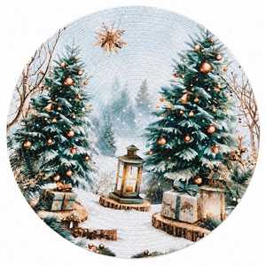 Set de table rond de Noël imprimé avec des arbres enneigés, des lanternes et des cadeaux, motif classique de décoration intérieure - Product Image 1