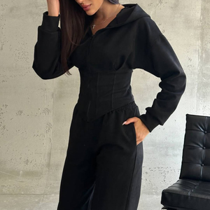 ชุดวอร์มผู้หญิงแบบสองชิ้น เสื้อฮู้ดบุขนและกางเกงขายาวทรงกว้าง ชุดลำลองสำหรับฤดูใบไม้ร่วงและฤดูหนาว ชุดวิ่งออกกำลังกายที่ให้ความอบอุ่น - Product Image 3