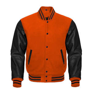 Veste de sport orange pour homme, manches en cuir PU noir, col montant, fermeture à boutons, décontractée - Product Image 1