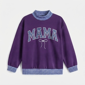 Sweat-shirt surdimensionné vert à imprimé pailleté « Mama » pour femme, col rond, bordure à carreaux, tenue décontractée d'automne, vente en gros - Product Image 4